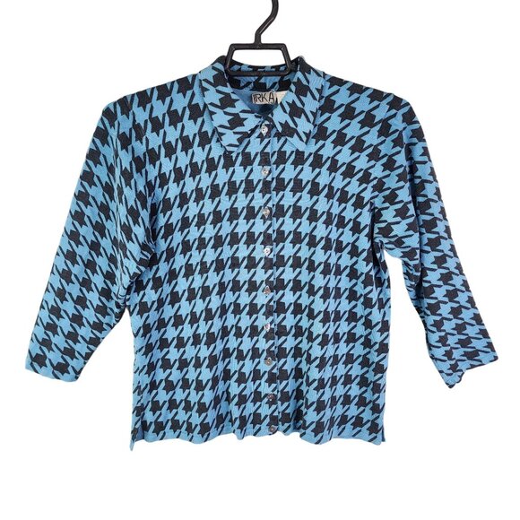 Women's Irka Blue & Black Houndstooth Silk Blend Shirt Button-Up Long Sleeve XL - Picture 1 of 10